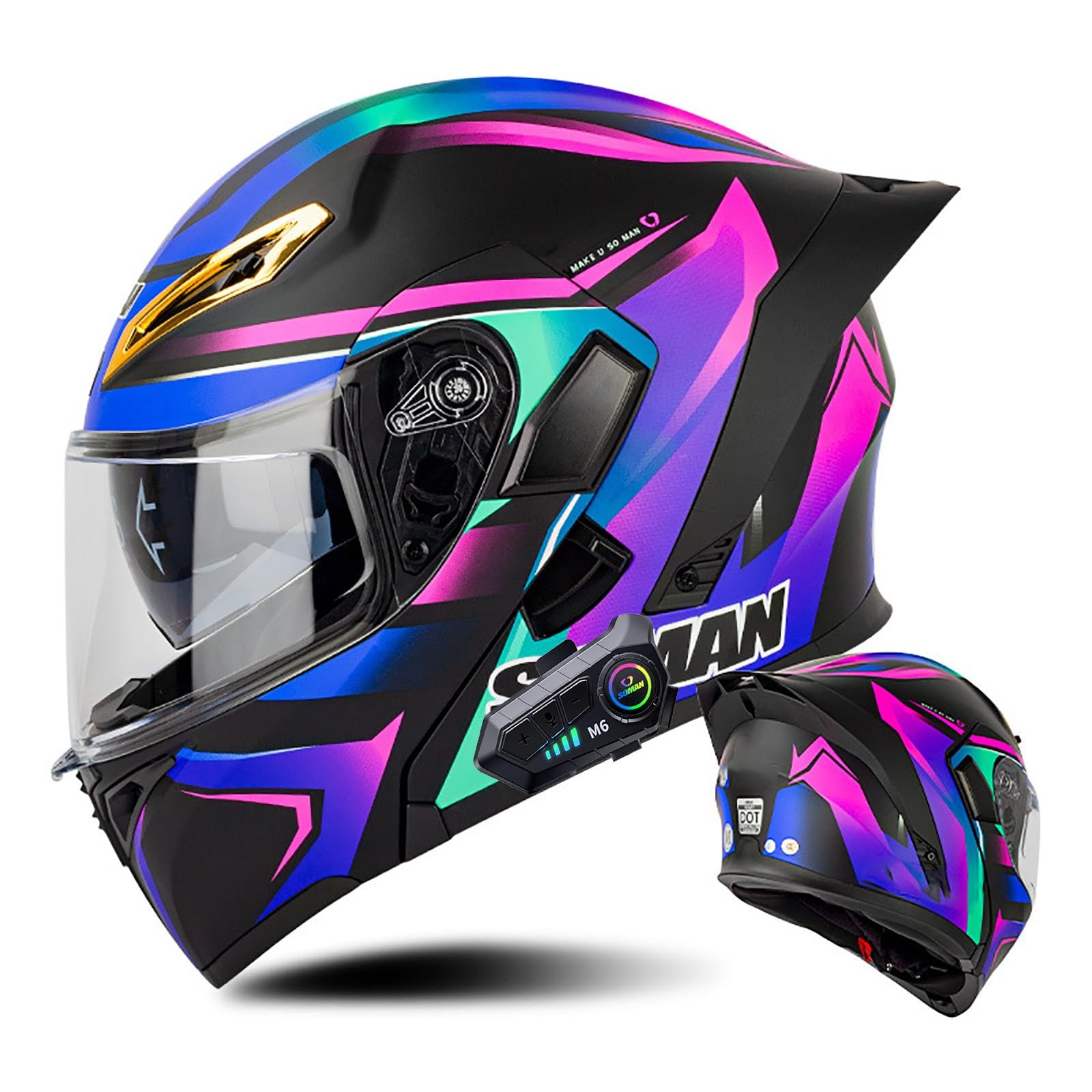 Klapphelm mit Bluetooth Modulare Helm Motorradhelm ECE-geprüfter Erwachsene mit Doppelvisier, Lautsprechermikrofon Geräuschunterdrückung Multifunktional Bluetooth Damen und Herren(Color:D,Size:XXL( von Salagt