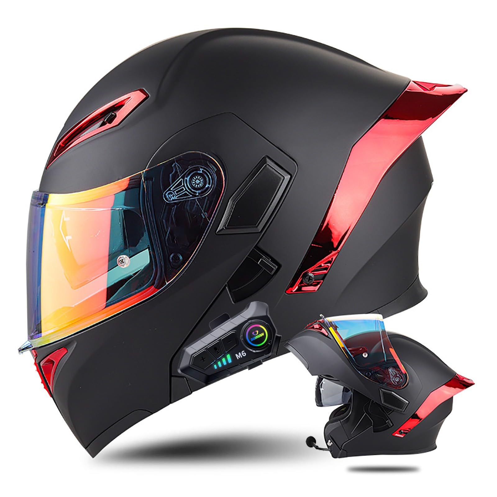 Klapphelm mit Bluetooth Modulare Helm Motorradhelm ECE-geprüfter Erwachsene mit Doppelvisier, Lautsprechermikrofon Geräuschunterdrückung Multifunktional Bluetooth Damen und Herren(Color:E,Size:S(55 von Salagt