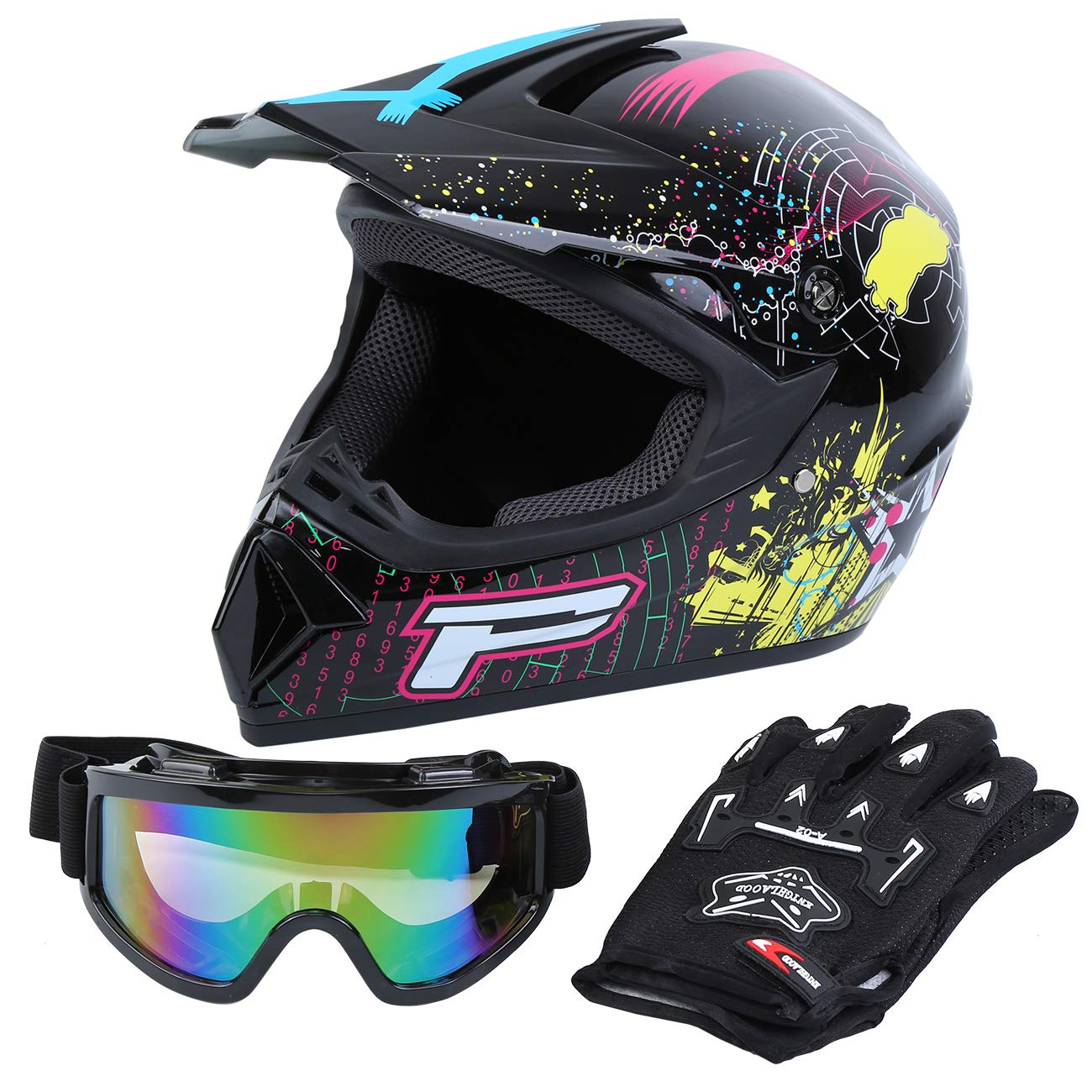 Samger DOT Erwachsene Off Road Helm Motocross Helm Dirt Bike ATV Motorrad Helm Handschuhe Brille (Schwarz, M) von Samger Samger