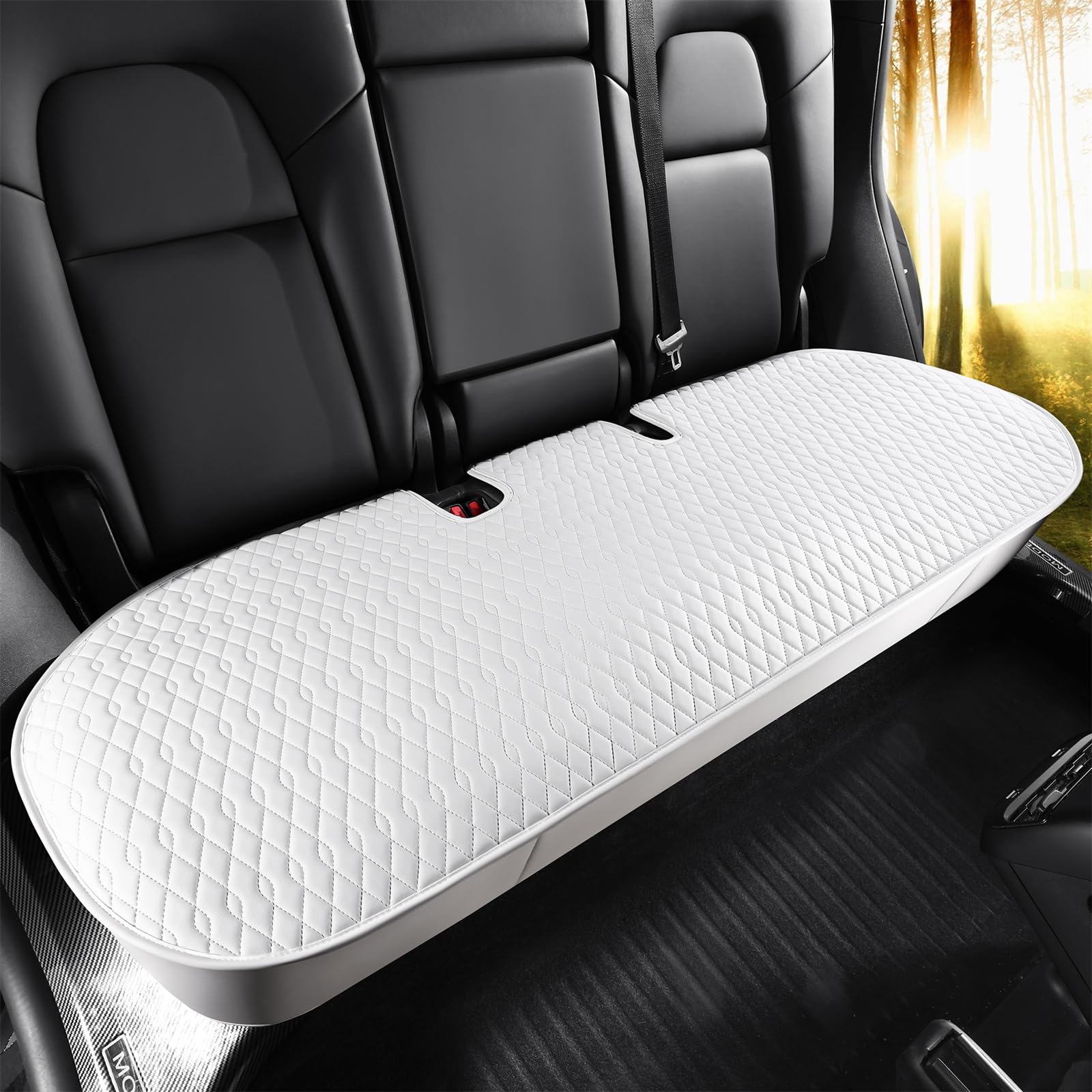 SanQing Car Seat Cover Luxury Napa Leather Rear Seat Covers for Tesla Model 3/Y Car Seat Bottom,Heavy Duty Seat Cushion Protector Without Backrest (White Back, Model 3) von SanQing