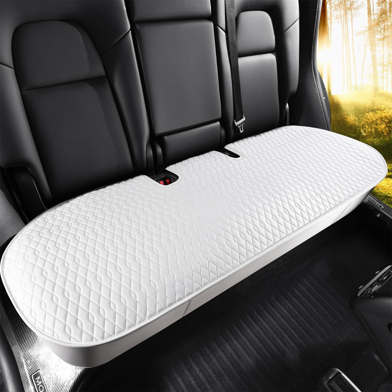 SanQing Car Seat Cover Luxury Napa Leather Rear Seat Covers for Tesla Model Y Car Seat Bottom,Heavy Duty Seat Cushion Protector Without Backrest (White Back, Model Y) von SanQing