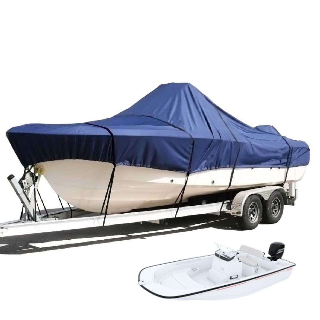 SavvyCraft Bootsabdeckung für Anhänger, Wal-Stil, Angel-Skiffboote, Tri-Hull flache Vorderseite, Mittelkonsole, Boote, vergleichbar mit Boston Whaler, Carolina Skiff, Mako Pro Skiff (Marineblau, 4,2 m von Savvycraft