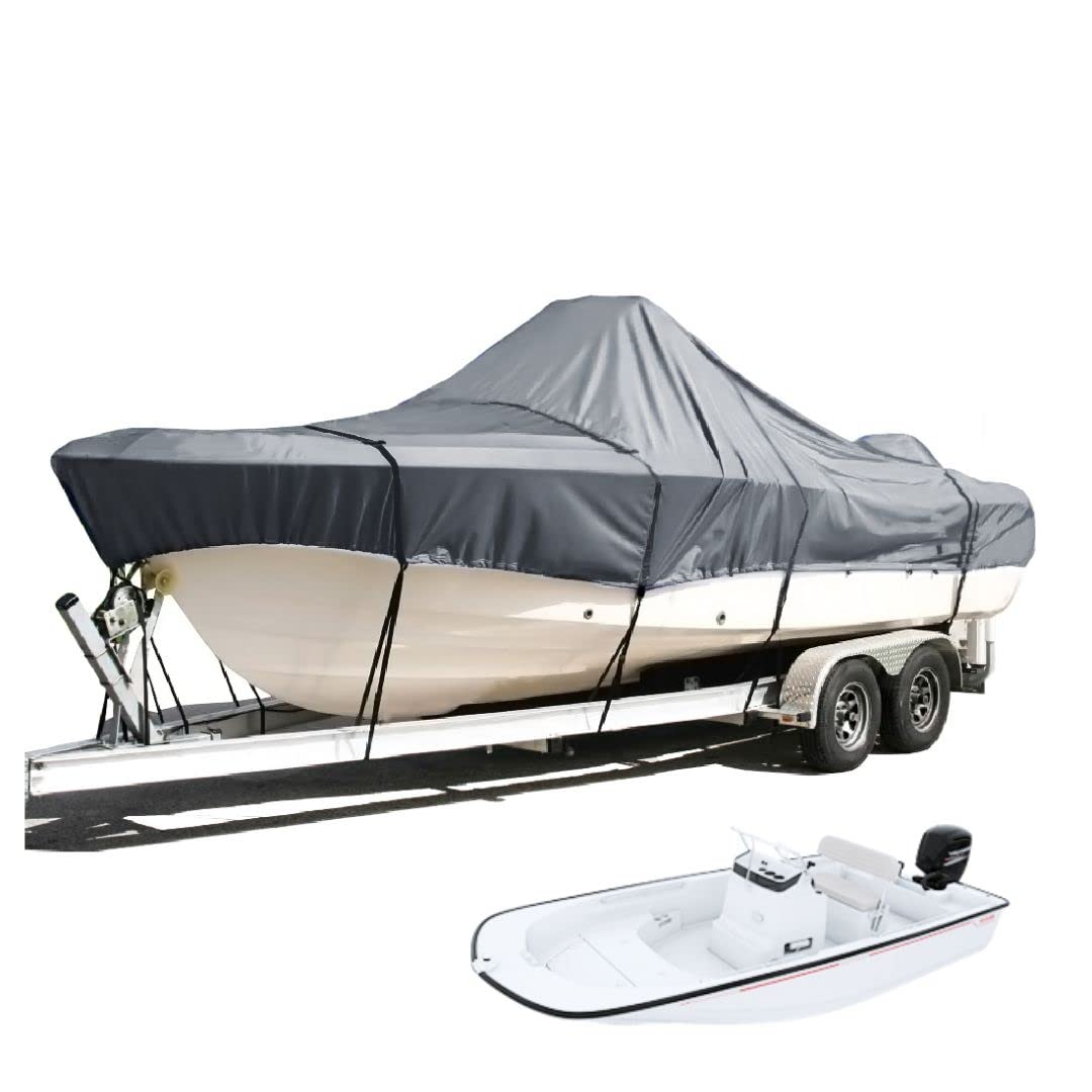 SavvyCraft Bootsabdeckung für Anhänger, Wal-Stil, Angel-Skiffboote, Tri-Hull flache Vorderseite, Mittelkonsole, Boote, vergleichbar mit Boston Whaler, Carolina Skiff, Mako Pro Skiff (grau, 4,2 m L x von Savvycraft