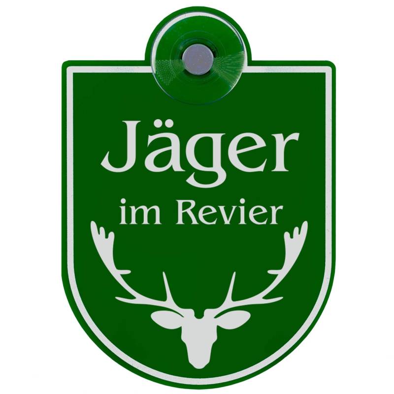 Schilderio Premium Saugnapfschild Schild Jäger im Revier, 3 mm Acrylglas, ca.90x125 mm, Jagd Schild Auto mit 1x Saugnapf 30mm, Autoschild Jagd zur Befestigung an Autoscheiben von innen von Schilderio