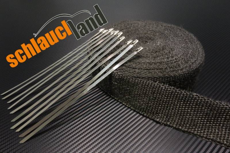 Schlauchland 10m Hitzeschutzband schwarz 50mm 1000°C + 10 Kabelbinder Auspuffband Thermoband Krümmerband Heat Wrap Basaltfaser Isolierband Hitzeschutz von Schlauchland