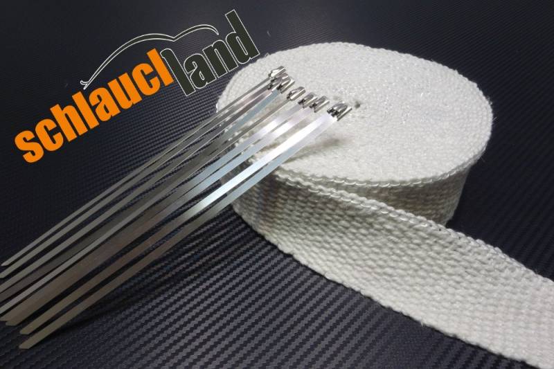 Schlauchland 20m Keramik Hitzeschutzband 50mm Weiss 1200°C + 10 Kabelbinder Auspuffband Thermoband Krümmerband Heat Wrap Basaltfaser Isolierband Hitzeschutz von Schlauchland