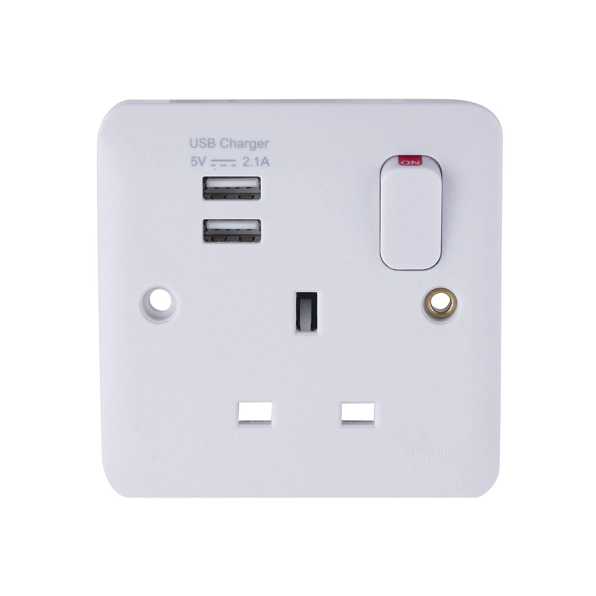 Schneider Electric Lisse White Moulded, geschaltete Einzelsteckdose, 13 A, einpolig, mit 2 USB-Ladeanschlüssen, 2,1 A geteilt, weiß, GGBL30102USBAS von Schneider Electric