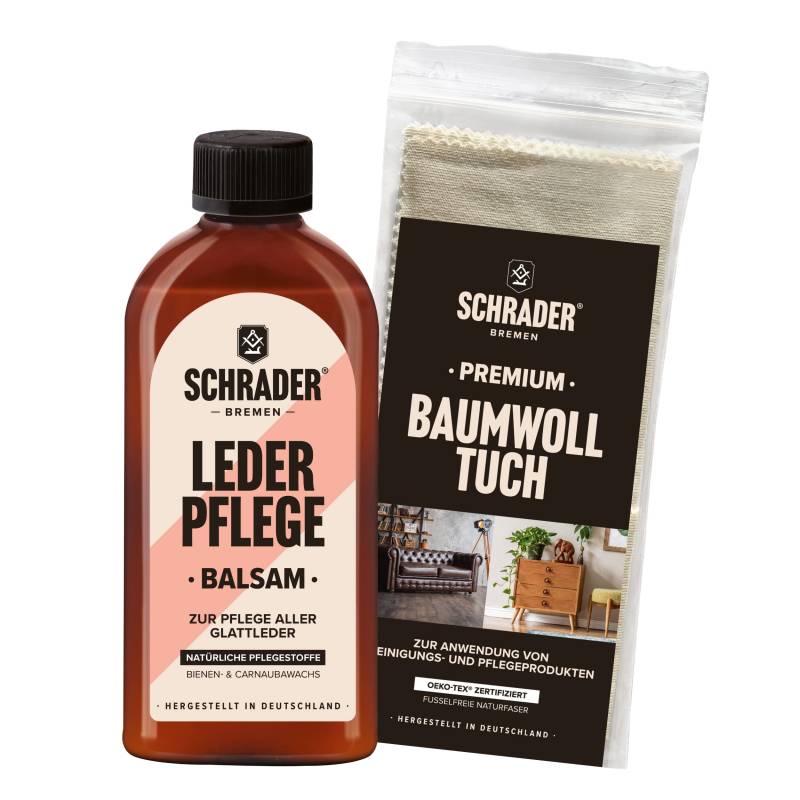 Schrader Leder Pflege Balsam Set - farbneutrales Pflegemittel für glattes Leder mit Poliertuch - 2-teilig - Made in Germany von Schrader Bremen