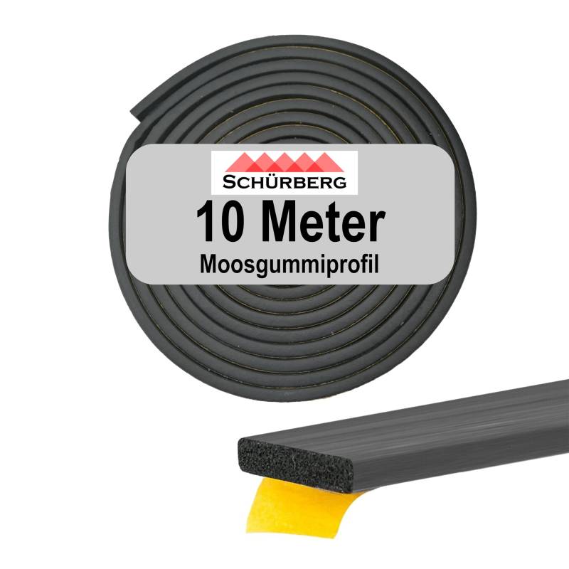 10 Meter Moosgummi Dichtung Eckig - 10x5mm Gummidichtung Dichtband selbstklebend - Universell verwendbar. Zur Schall- und Temperaturdämmung für Türen, Tore von Schürberg