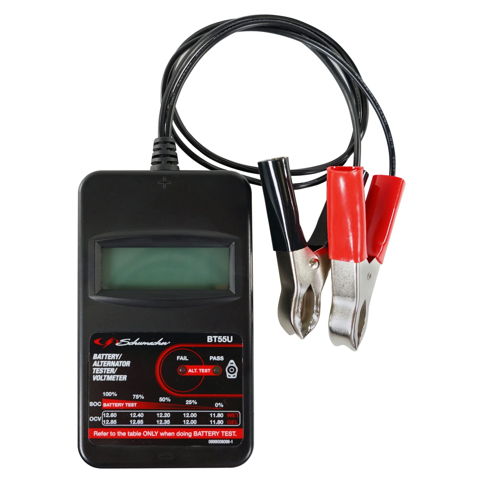 Schumacher Auto Batterietester Compact BT55 - Überprüfung der Lichtmaschinenspannung im Auto - Kompatibel mit 6V/12V/24V Batterien Typ SLI, VRLA, AGM, Gel und 12V Lichtmaschinen - LCD Display von Schumacher