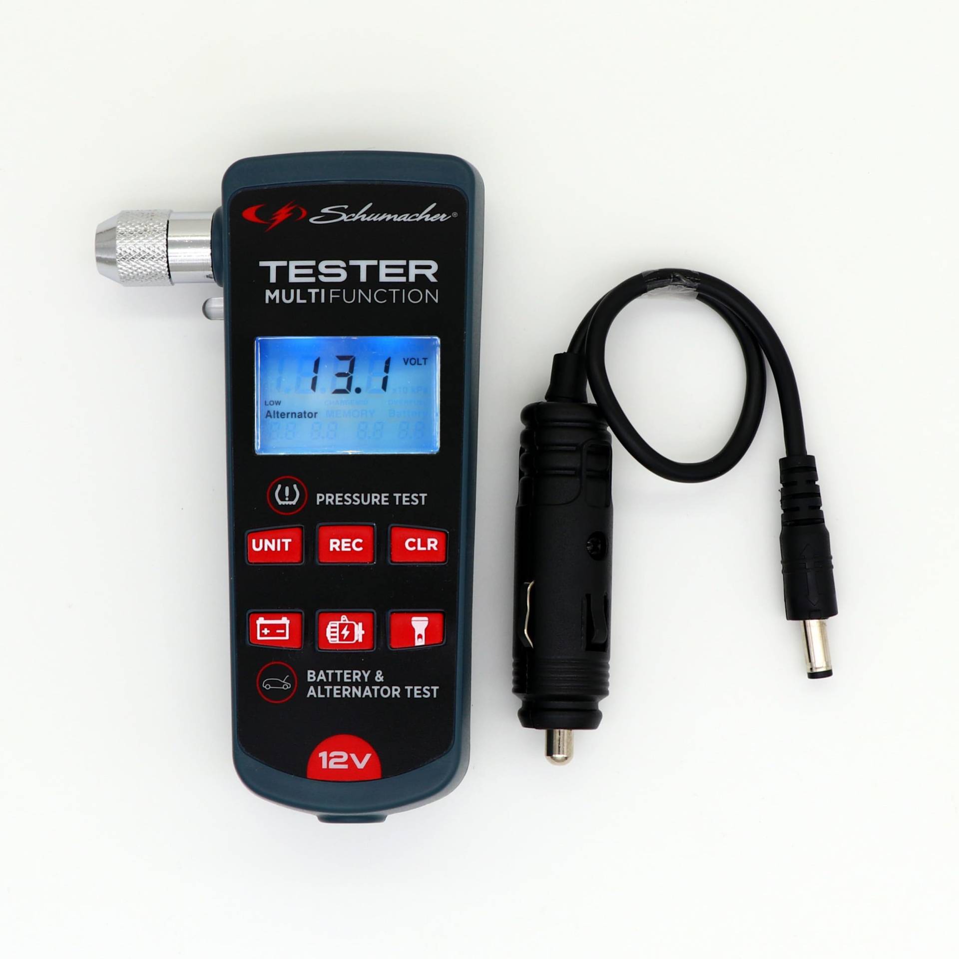 Schumacher XP200 - Autobatterie Tester 12V Multi mit Reifendruckprüfer & Lichtmaschine - für 12V-Bleibatterien - Kompakt & Mobil - Batterieprüfer für Zigarettenanzünder - LED-Taschenlampe von Schumacher