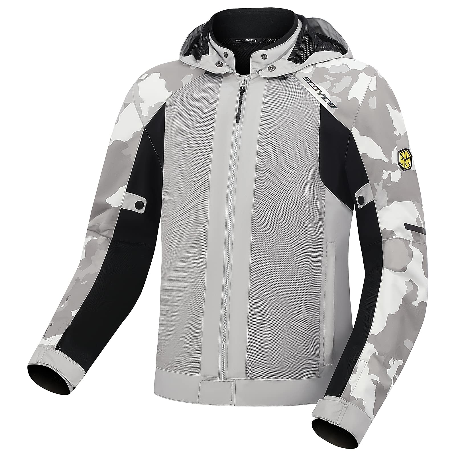 Scoyco Motorrad Jacke Camo Ärmel Cordura Textil Motorrad Hoodie Schutz CE gepanzert Zip Up Jacke mit abnehmbarer Kapuze Alle Saison von Scoyco