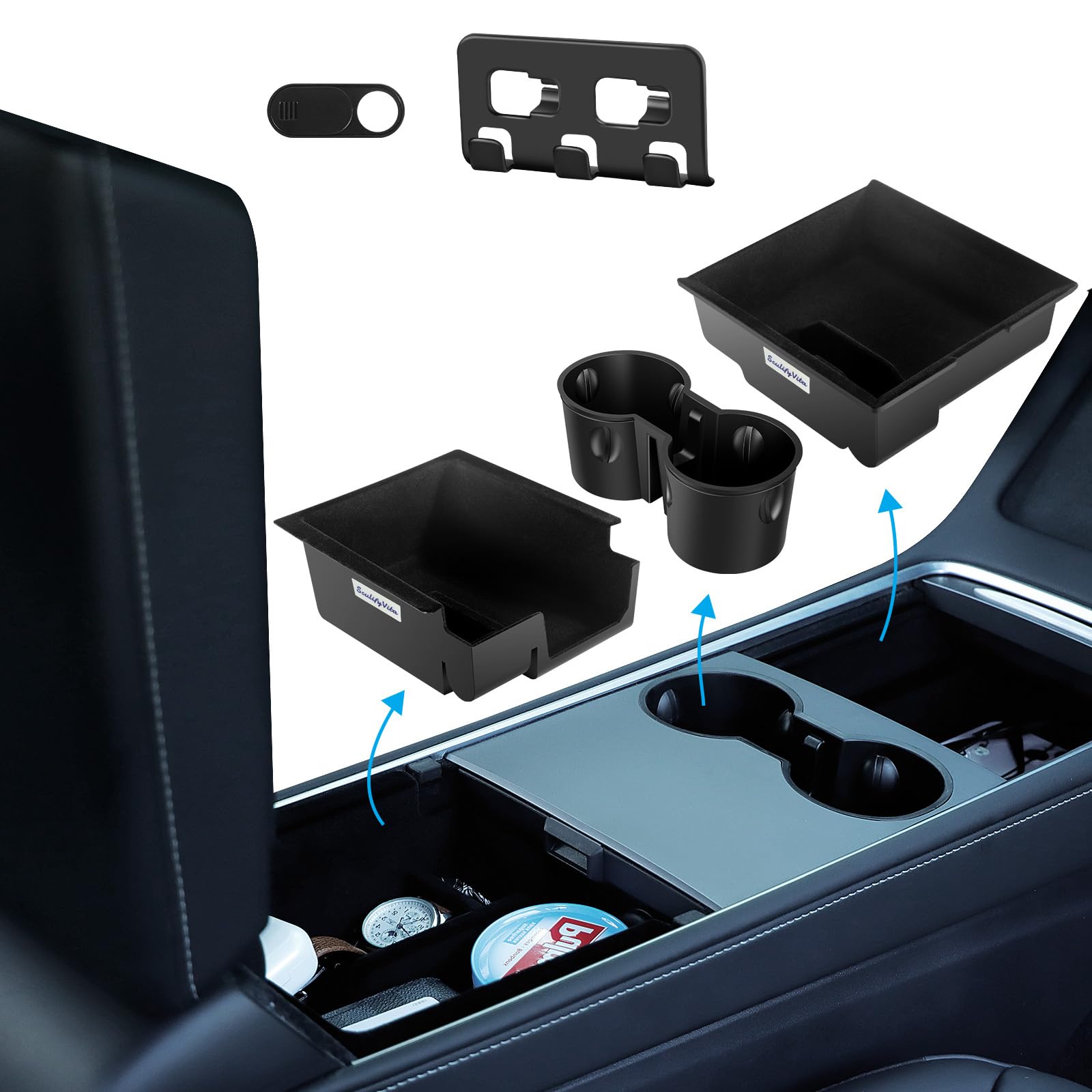 SculifyVita 5 Pcs Zubehör Tesla für Model Y 2019-2023 und Model 3 2021-2023, 1 Mittelkonsole Organizer,1 Auto Getränkehalter becherhalter,1 Armlehne Aufbewahrungsbox, 1 Kameramaske, 1 Hakenplatte von SculifyVita