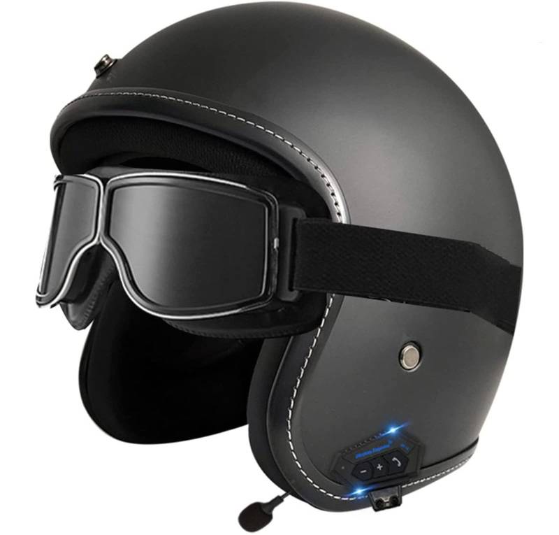 Bluetooth Vintage Motorradhelm Jethelm Open-Face · 3/4 Jethelm, Roller Moped-Kreuzer Pilot Biker Unisex Erwachsener Moto Helm D.O.T Certified mit Retro-Brille 4,L von Sebasty