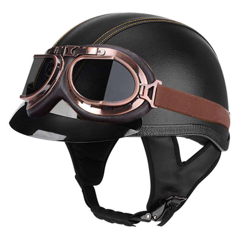 Motorradhelm Halbschalenhelm Lederhelm Halbhelm ECE Zertifizierun Jethelme Retro Leder-Helm Vintage Mopedhelm Mit Brille Motorradkreuzer-Rollerhelm im Deutschen Stil 2,L von Sebasty