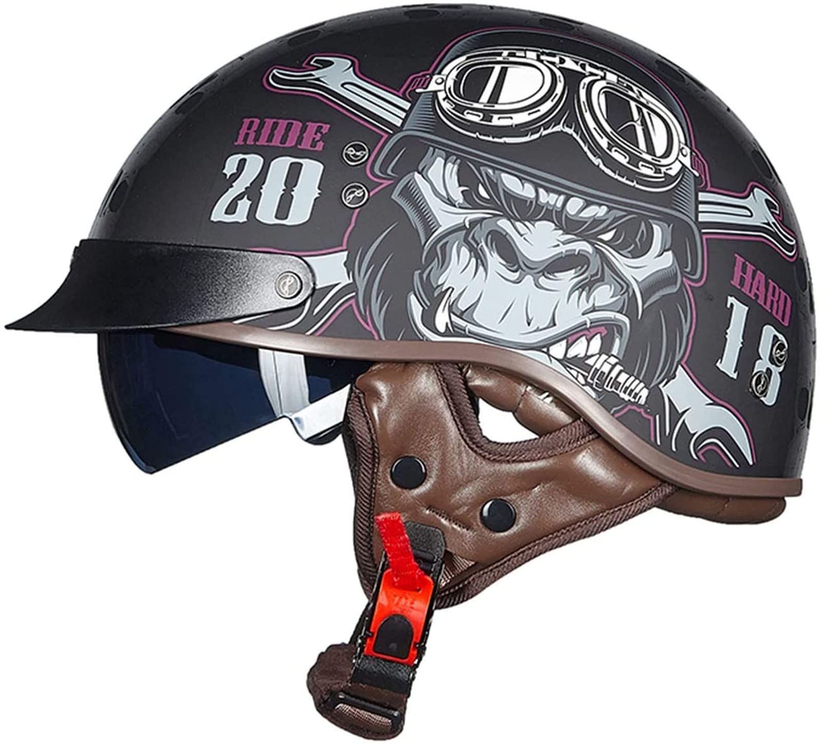 Retro Motorrad Halbhelme Brain-Cap · Halbschale Motorrad-Helm ECE-Zertifizierung Jet-Helm Roller-Helm Scooter-Helm Mofa-Helm Motorrad Half Helm mit Built-in Visier für Cruiser Chopper Biker 3,XL von Sebasty