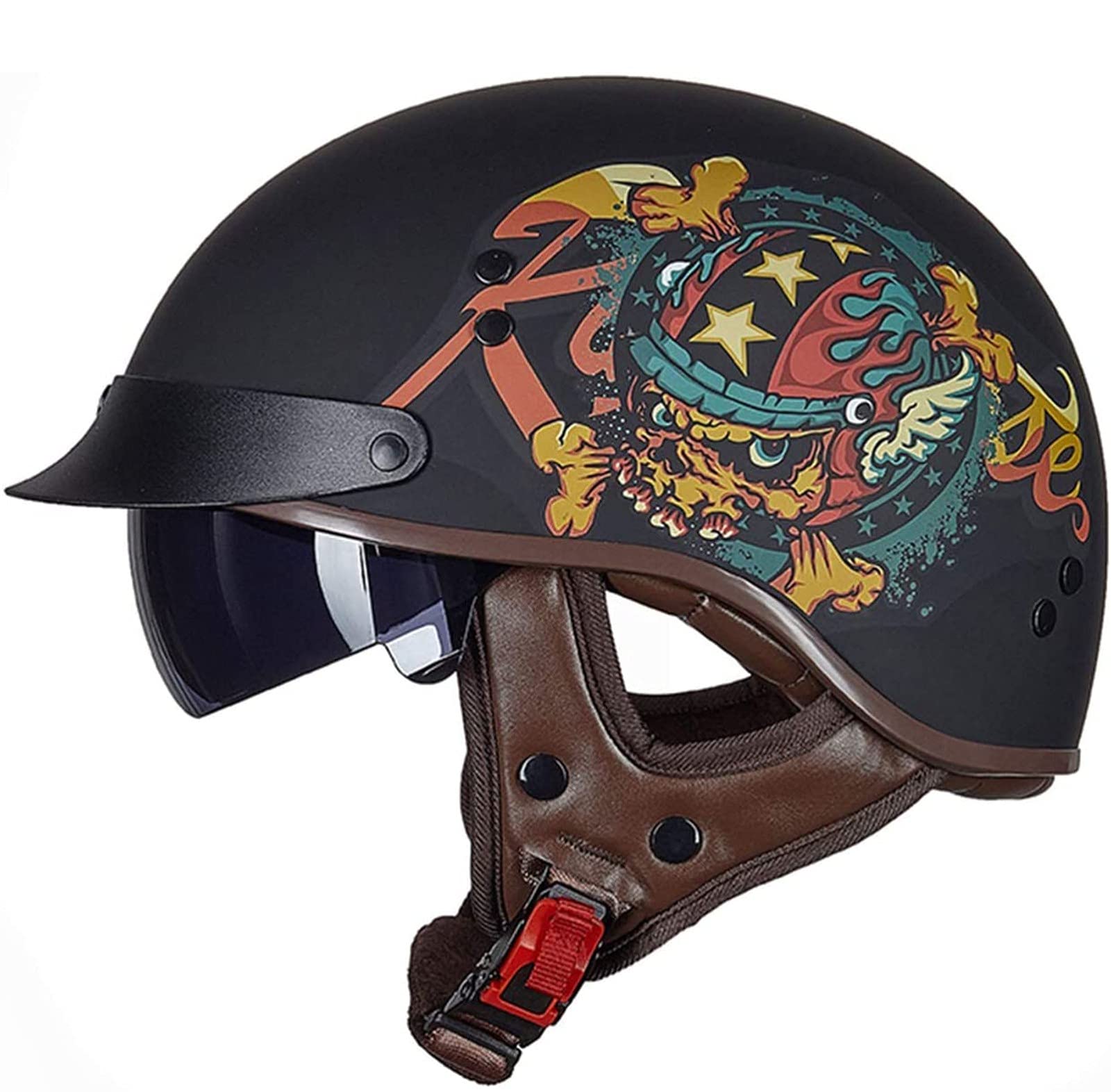 Retro Motorrad Halbhelme Brain-Cap · Halbschale Motorrad-Helm ECE-Zertifizierung Jet-Helm Roller-Helm Scooter-Helm Mofa-Helm Motorrad Half Helm mit Built-in Visier für Cruiser Chopper Biker 4,L von Sebasty