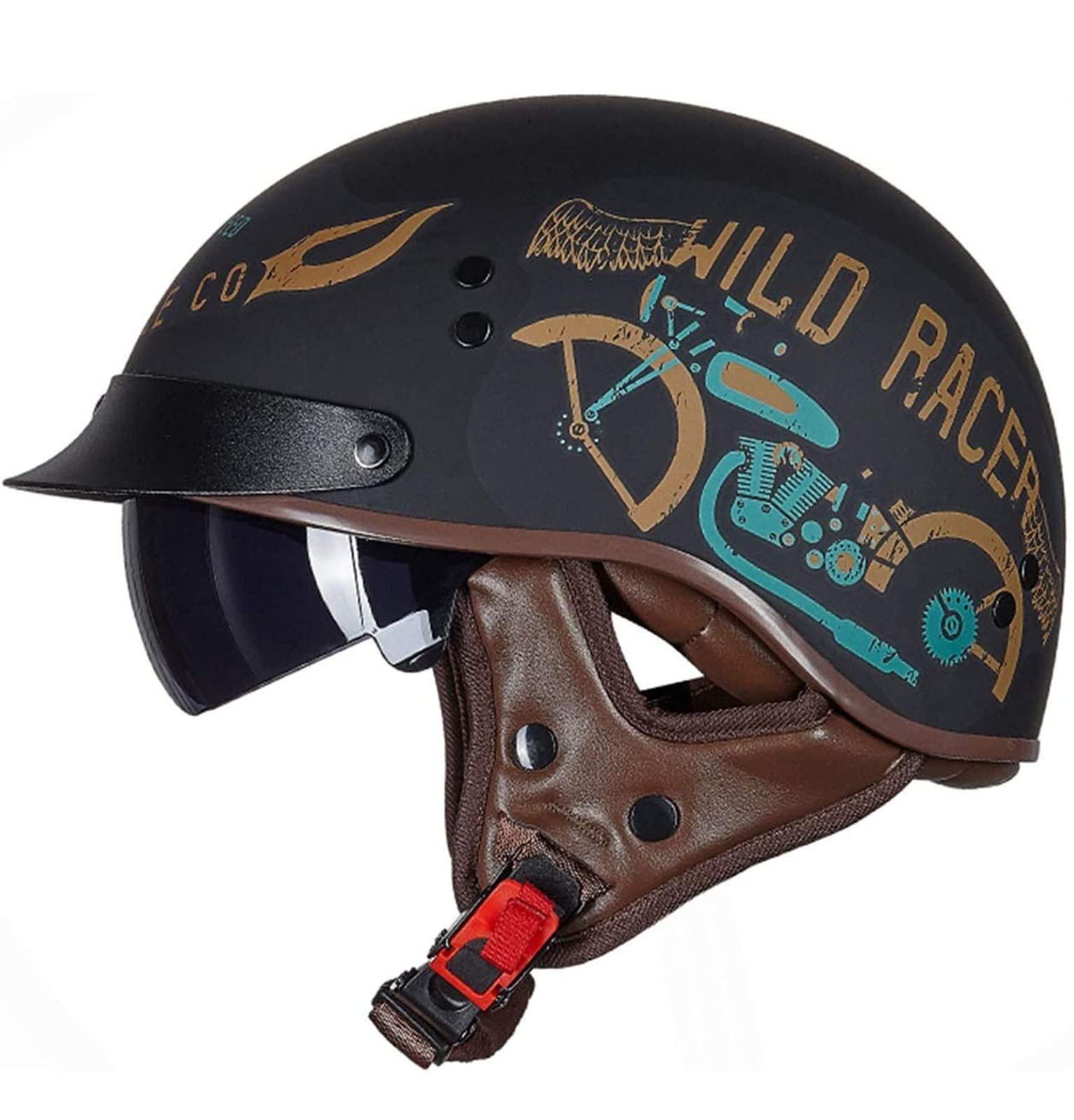 Retro Motorrad Halbhelme Brain-Cap · Halbschale Motorrad-Helm ECE-Zertifizierung Jet-Helm Roller-Helm Scooter-Helm Mofa-Helm Motorrad Half Helm mit Built-in Visier für Cruiser Chopper Biker 8,L von Sebasty