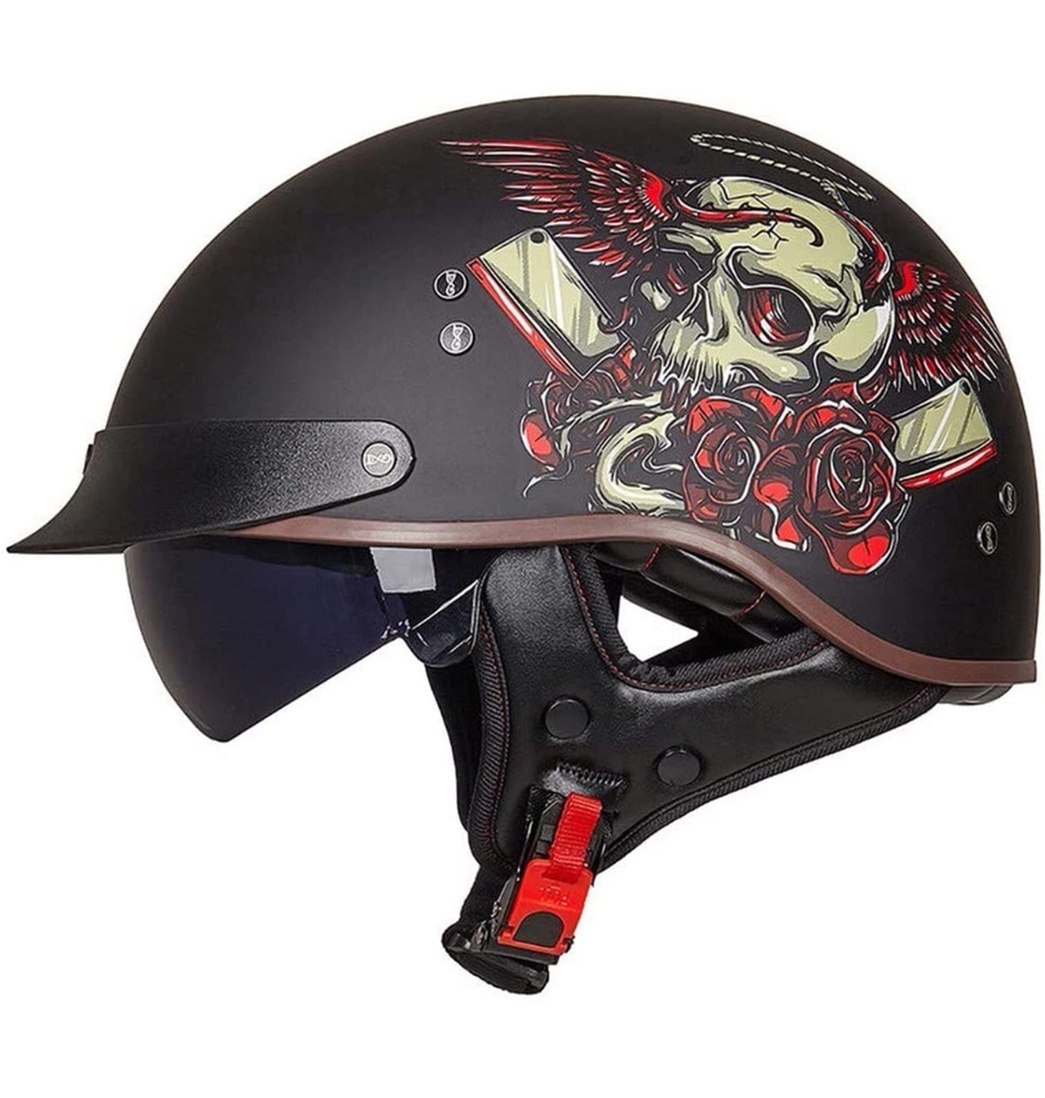 Sebasty Halbschalenhelm mit ECE Motorradhelm Herren Damen Brain Cap Retro Motorrad Jethelm Halbhelm Halbschale Helm Rollerhelm Chopper Scooter Helm Sturzhelm mit Visier 6,M von Sebasty