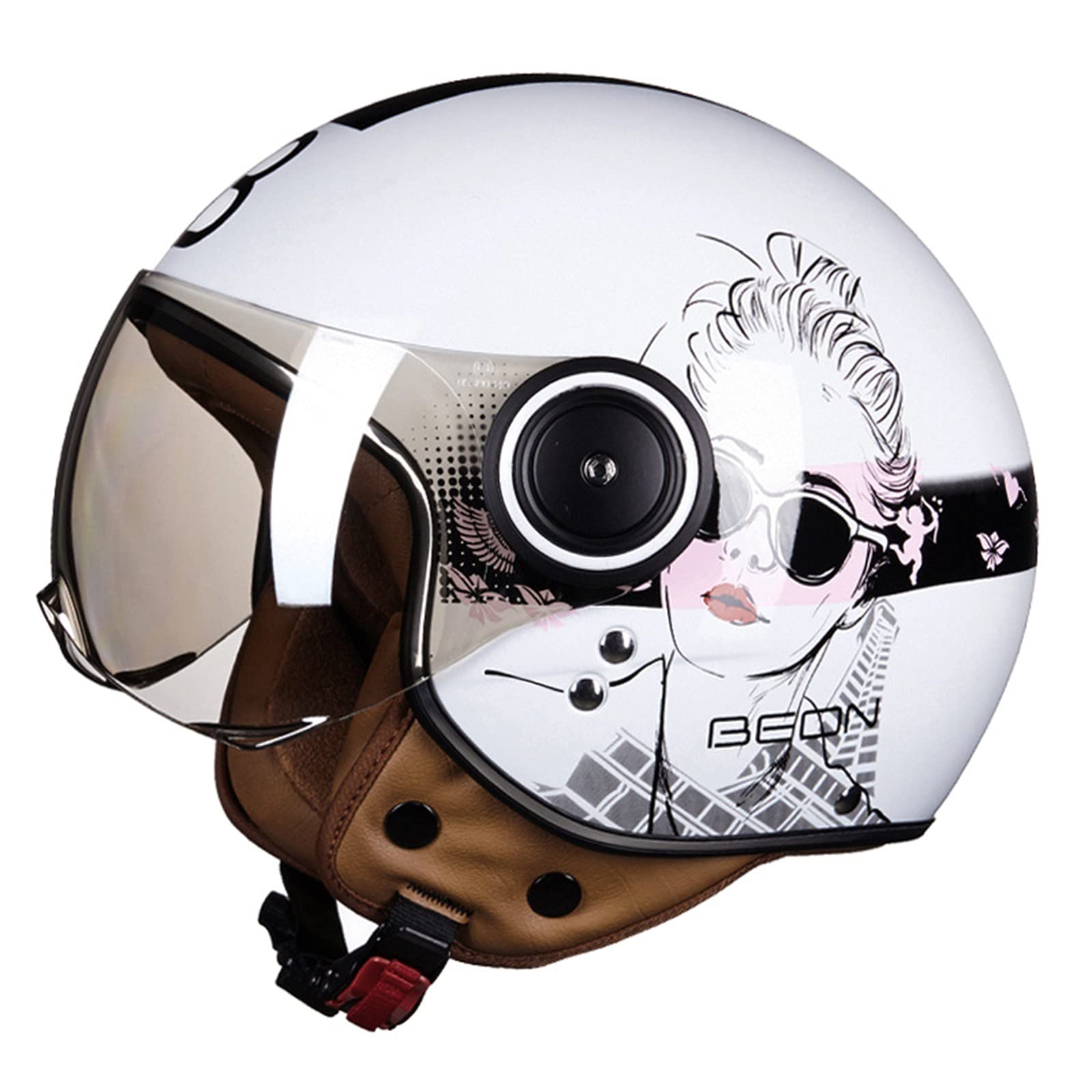 Sommer Vintage Motorrad Open Face Jethelme Scooter-Helm Vintage Roller Helm Damen Herren Retro Elektrischer Halbhelm mit Sonnenblende Vespa Jet-Helm für Cruiser Motobike ECE Approved 10,M von Sebasty