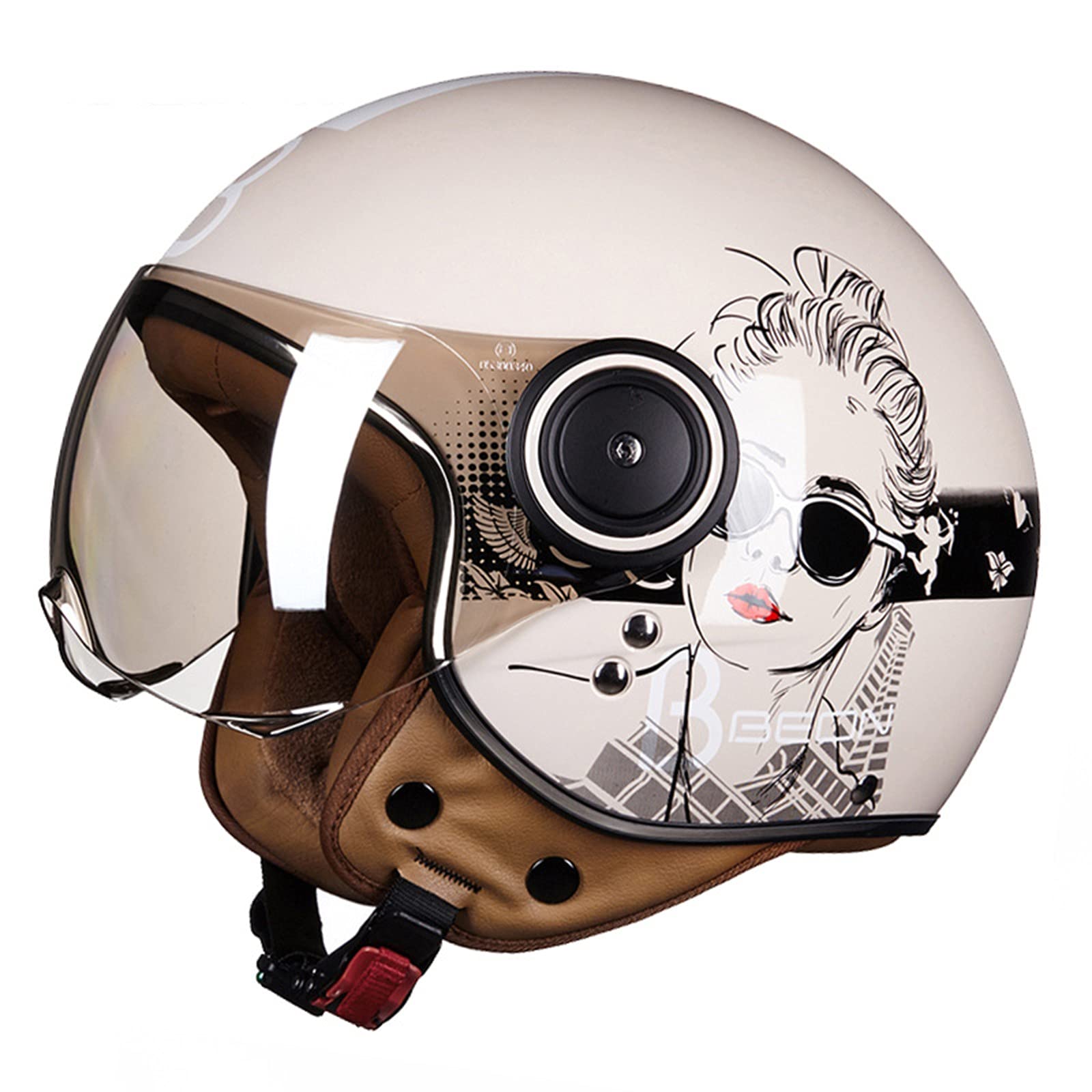 Sommer Vintage Motorrad Open Face Jethelme Scooter-Helm Vintage Roller Helm Damen Herren Retro Elektrischer Halbhelm mit Sonnenblende Vespa Jet-Helm für Cruiser Motobike ECE Approved 11,L von Sebasty