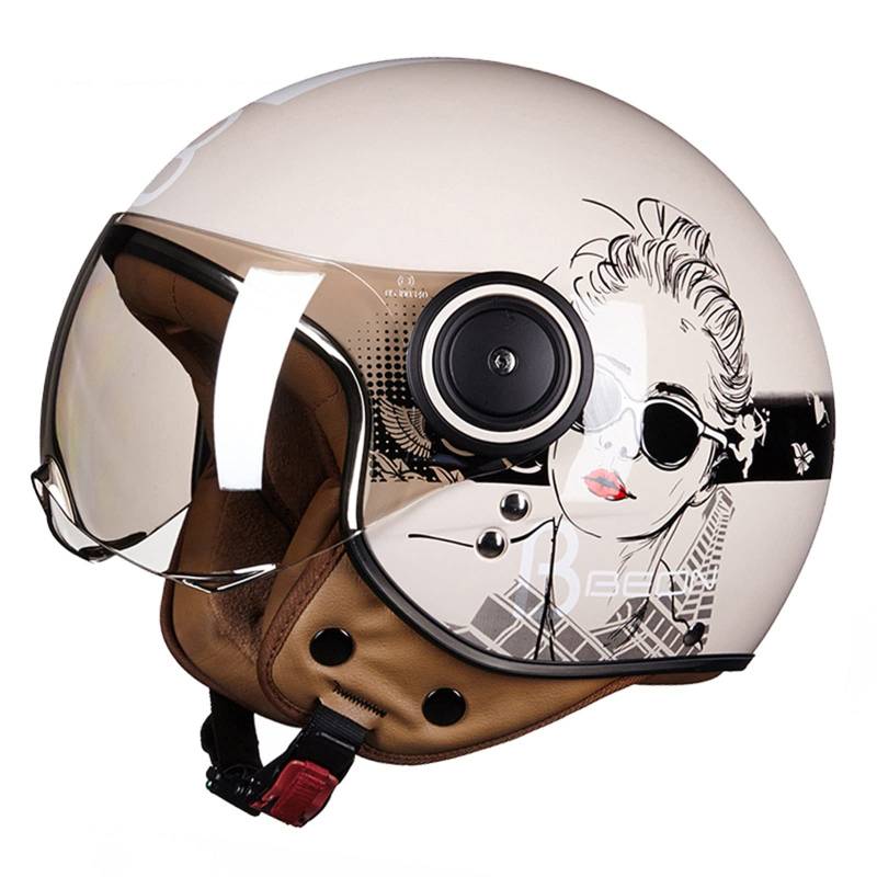 Sommer Vintage Motorrad Open Face Jethelme Scooter-Helm Vintage Roller Helm Damen Herren Retro Elektrischer Halbhelm mit Sonnenblende Vespa Jet-Helm für Cruiser Motobike ECE Approved 11,M von Sebasty