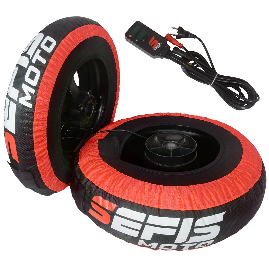 SEFIS Digital Reifenwärmer 120/17 vorne und 190 bis 200/17 hinten Tyre Warmers bis max. 120°C Superbike, für Motorrad Rennsport Heizdecken (Rot) von Sefis moto