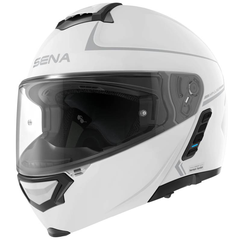 Sena Bluetooth Klapphelm Impulse mit Sound by Harman Kardon, Sonnenblende und integriertem Mesh Intercom-System / MP3 / Sprachwahl (Weiß, M) von Sena