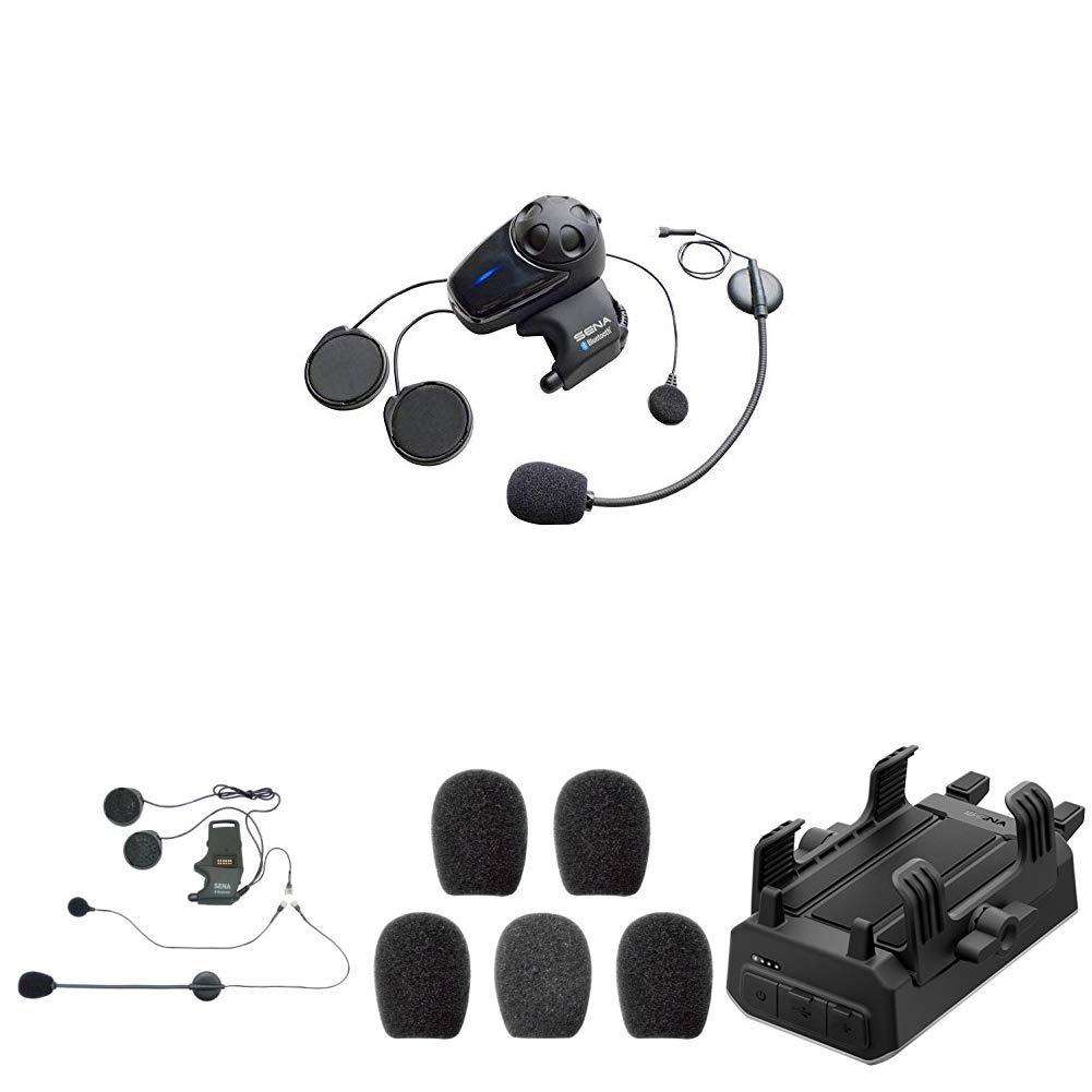 Sena SMH10-11 Bluetooth-Headset und Gegensprechanlage + SMH-A0302 Helmklemmenset - Anbringbares Bügelmikrofon + SC-A0109 Mikrofonaufsätze + POWERPRO-01 PowerPro Handlebar von Sena