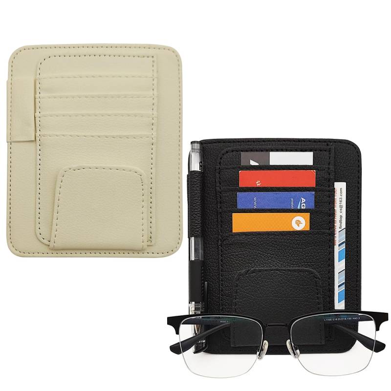 SENHAI Auto-Sonnenblenden-Organizer, kleine Leder-Auto-Kartenhülle, Tasche, Organizer, Auto-Innen-Leder-Aufbewahrungstasche für Karten, Sonnenbrillenhalter, Stift, Beige und Schwarz, 2 Stück von Senhai