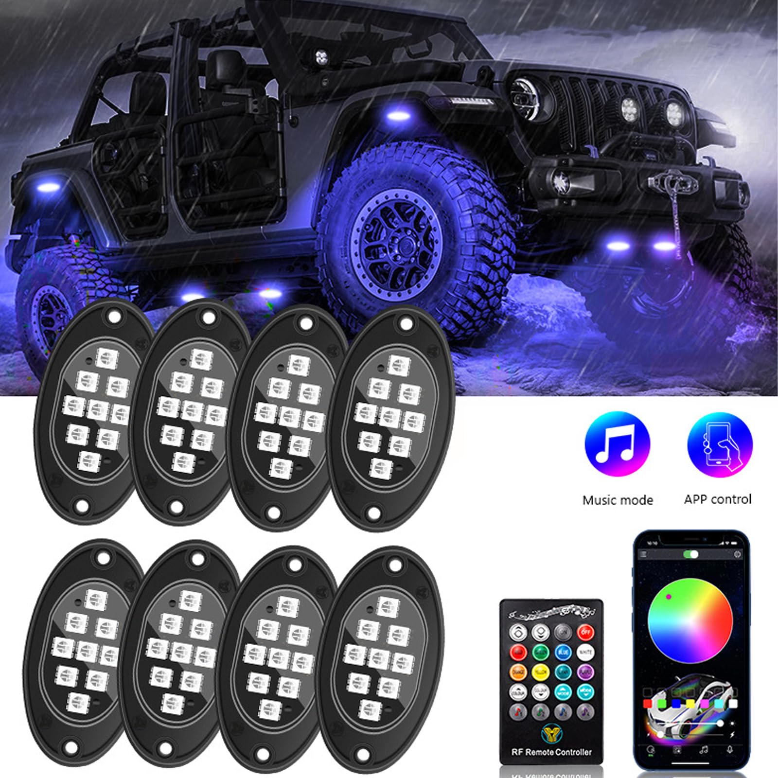 Rock Lights für Trucks, 8 Pods RGB LED Rock Lights mit APP/Fernbedienung & Musikmodus, High Bright Multilcolor Rock Neon Light Kits für Pickup Off Road RZR SUV ATV UTV Car von Senmeo