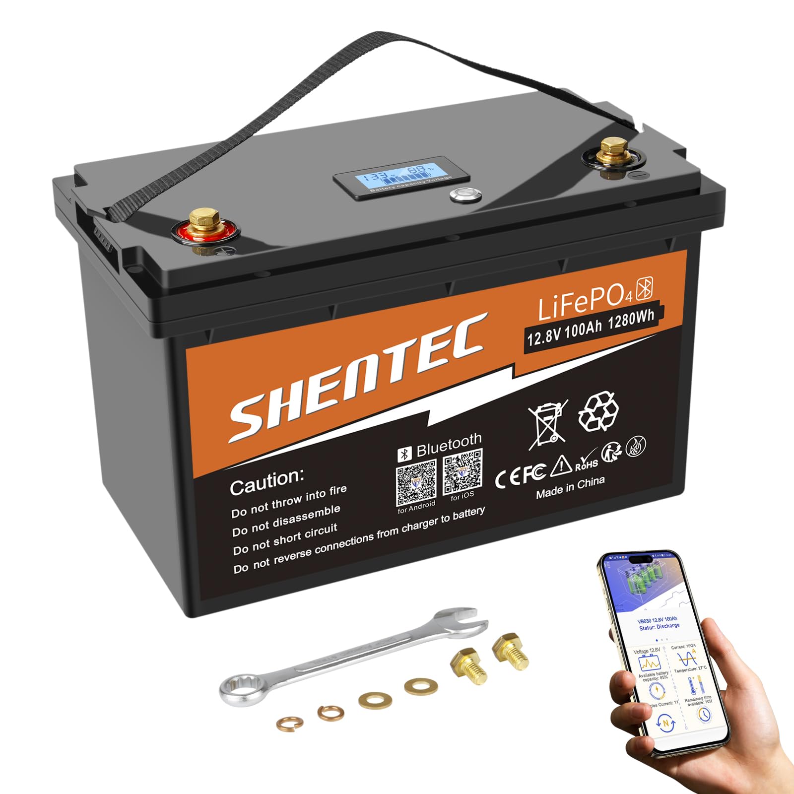 LiFePO4 Akku 12V 100Ah Lithium Deep Cycle Batterie mit LED Anzeige, BMS Bluetooth-Funktion, für Backup Strom, Camping, Wohnmobil, Golfwagen, Boot, Off-Grid und Energiespeicherung zu Hause von Shentec