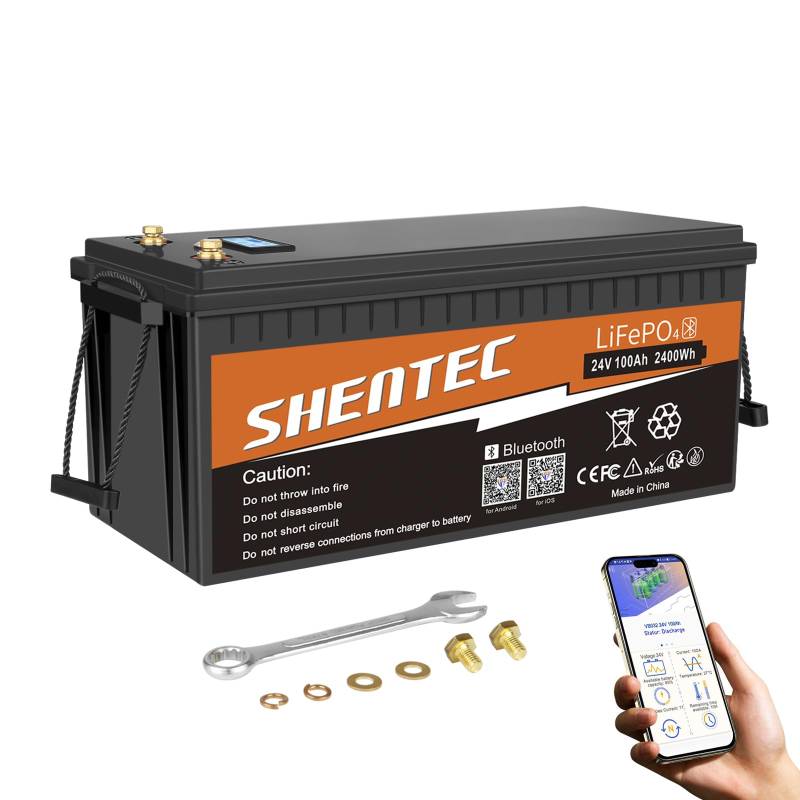 Shentec 24V 100Ah Lithium LifePO4 Batterie mit 100A BMS, Max. 2560Wh Energie, Ideal Ersatz für Blei-Säure, AGM-Batterie, perfekt für Wohnmobil, Camper, Energiespeicher, Van, Off-Grid usw von Shentec