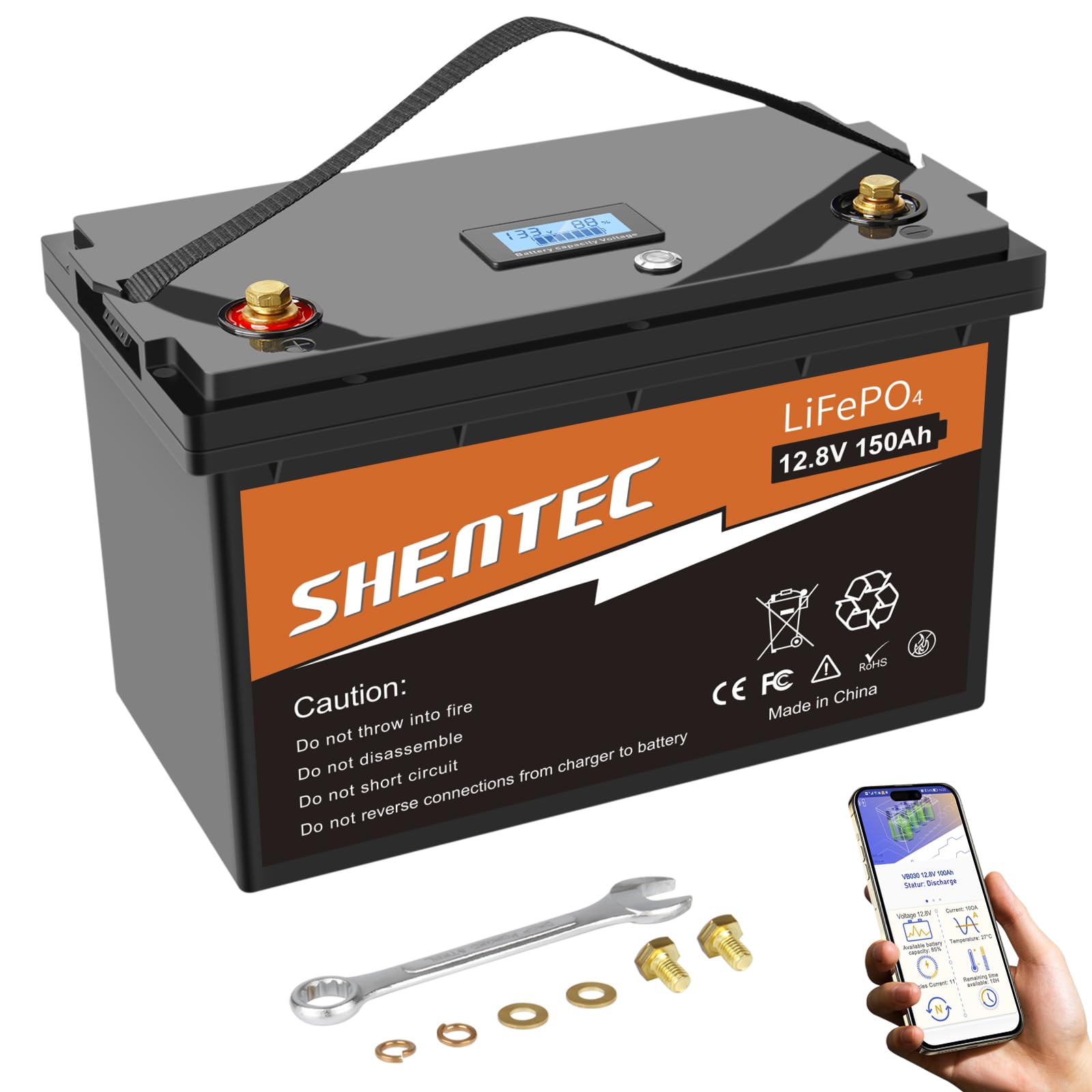 Shentec LiFePO4 150Ah Bluetooth Lithium Batterie Eingebauter 150A BMS, Deep Cycle Lithium Batterie, 8000+ Zyklen, für Wohnmobil, Solar Trailer, Boot und Camping,Mit LED-Anzeige, Drucktastenschalter von Shentec