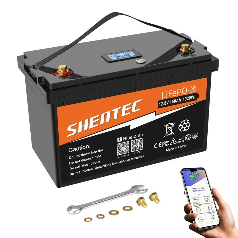 Shentec LiFePO4 150Ah Bluetooth Lithium Batterie Eingebauter 150A BMS, Deep Cycle Lithium Batterie, 8000+ Zyklen, für Wohnmobil, Solar Trailer, Boot und Camping,Mit LED-Anzeige, Drucktastenschalter von Shentec