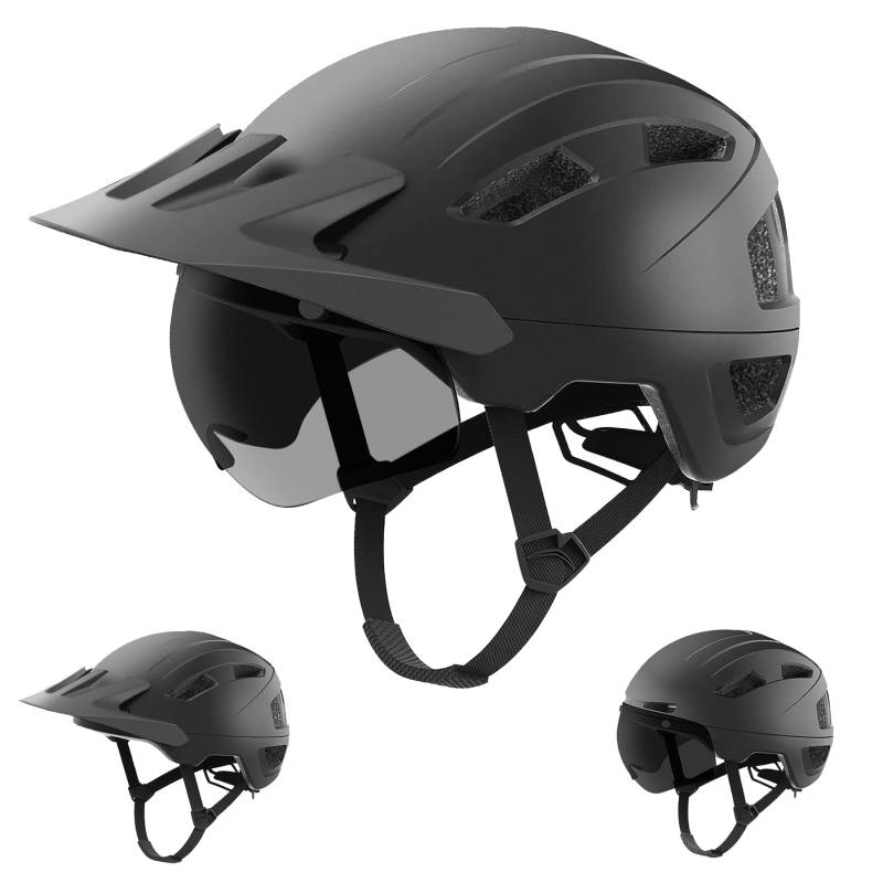 Fahrradhelm Herren, Damen Helm mit Magnetischem Visier Abnehmbarer Sonnenschutzkappe und Größenversteller, Schwarz Helm für E-Bike, Mountainbike & Citybike (L-Visier) von Shineled