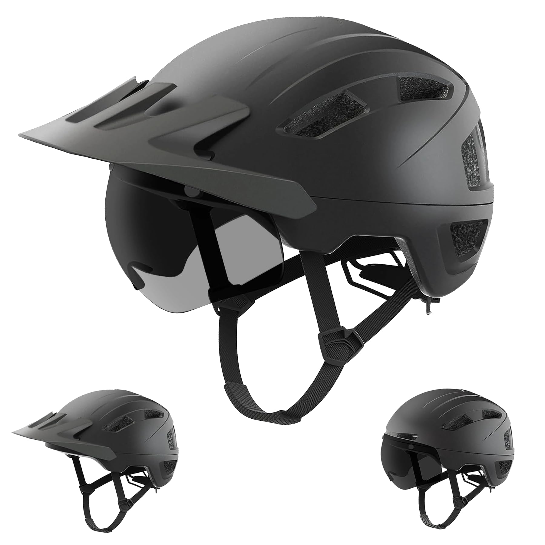 Fahrradhelm Herren, Damen Helm mit Magnetischem Visier Abnehmbarer Sonnenschutzkappe und Größenversteller, Schwarz Helm für E-Bike, Mountainbike & Citybike (L-Visier) von Shineled