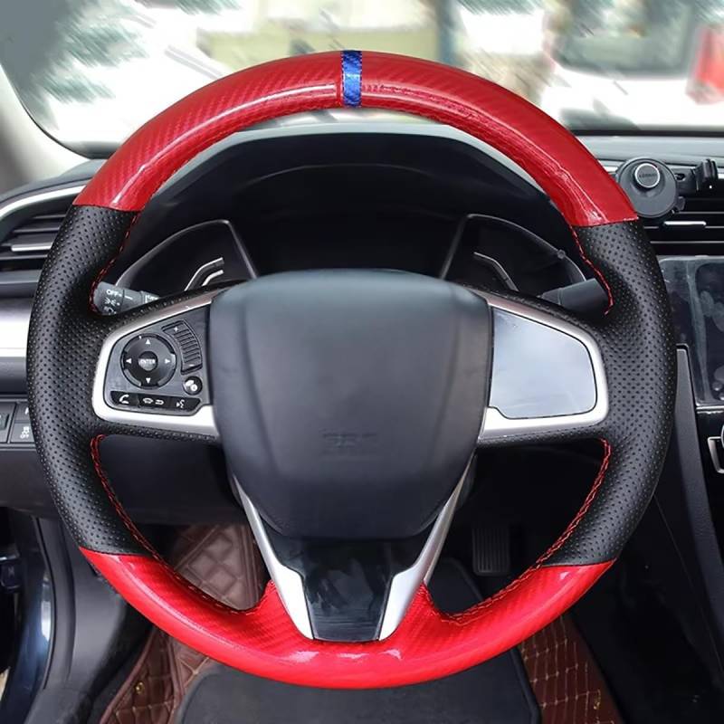 Shining wheat Lenkradbezug aus echtem Leder für Honda Civic 10 X CR-V für CRV Clarity 2016, 2017, 2018, 2019, 2020–2022 (schwarz, echtes Leder, rote PU-Kohlefaser) von Shining wheat