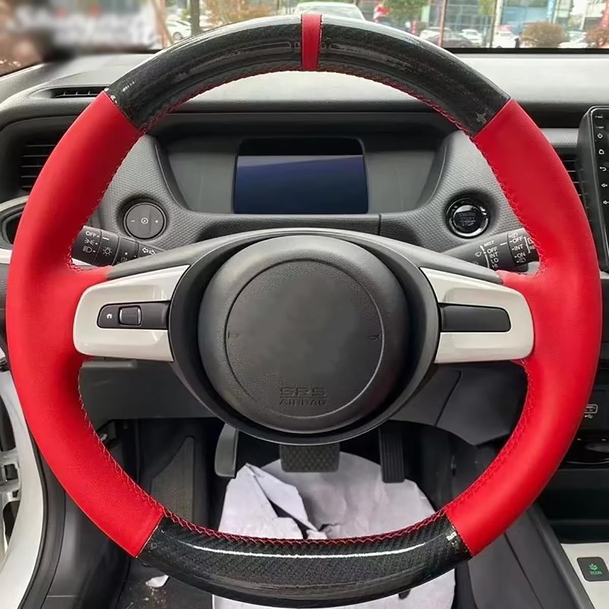 Shining wheat Lenkradbezug aus echtem Leder für Honda Fit 2020 Jazz 2020 (rotes Leder + PU-Kohlefaser) von Shining wheat