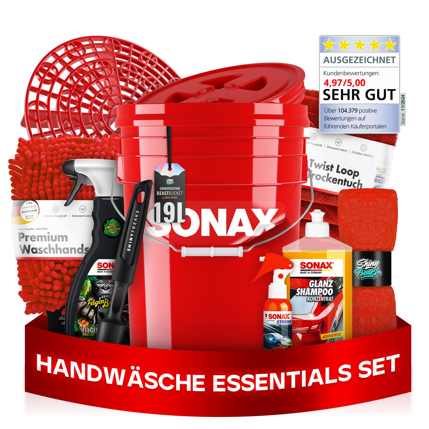 Auto Wascheimer Set 5GAL: Schmutzsieb & Deckel für die Auto Handwäsche + Sonax Shampoo + Sonax Detailer + Sonax FelgenBeast - schonende Reinigung für Lack & Felgen - Auto waschen | 11-teilig von Shiny Freaks