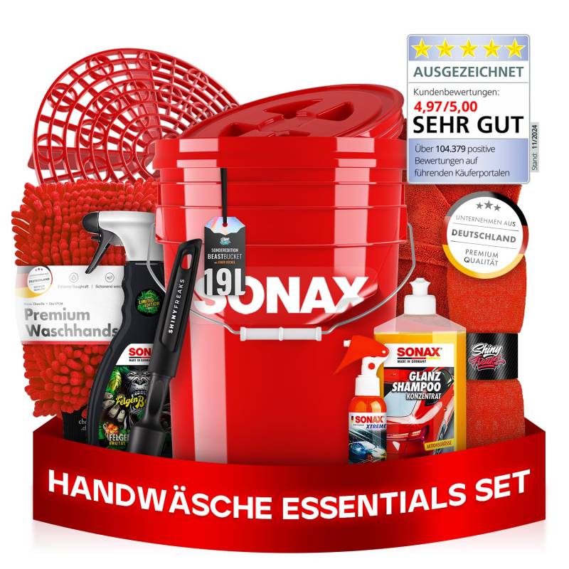 Auto Wascheimer Set 5GAL: Schmutzsieb & Deckel für die Auto Handwäsche + Sonax Shampoo + Sonax Detailer + Sonax FelgenBeast - schonende Reinigung für Lack & Felgen - Auto waschen | 11-teilig von Shiny Freaks