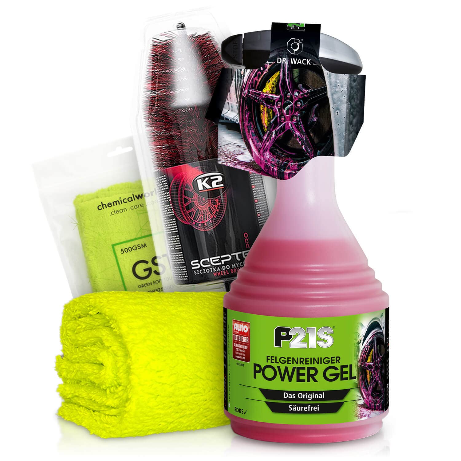 Felgenreiniger Set: Dr. Wack P21S Power Gel Reinigung für alle Felgen + K2 PRO Felgenbürste + ChemicalWorkz Premium Mikrofasertuch 500GSM | 3-teilig von Shiny Freaks