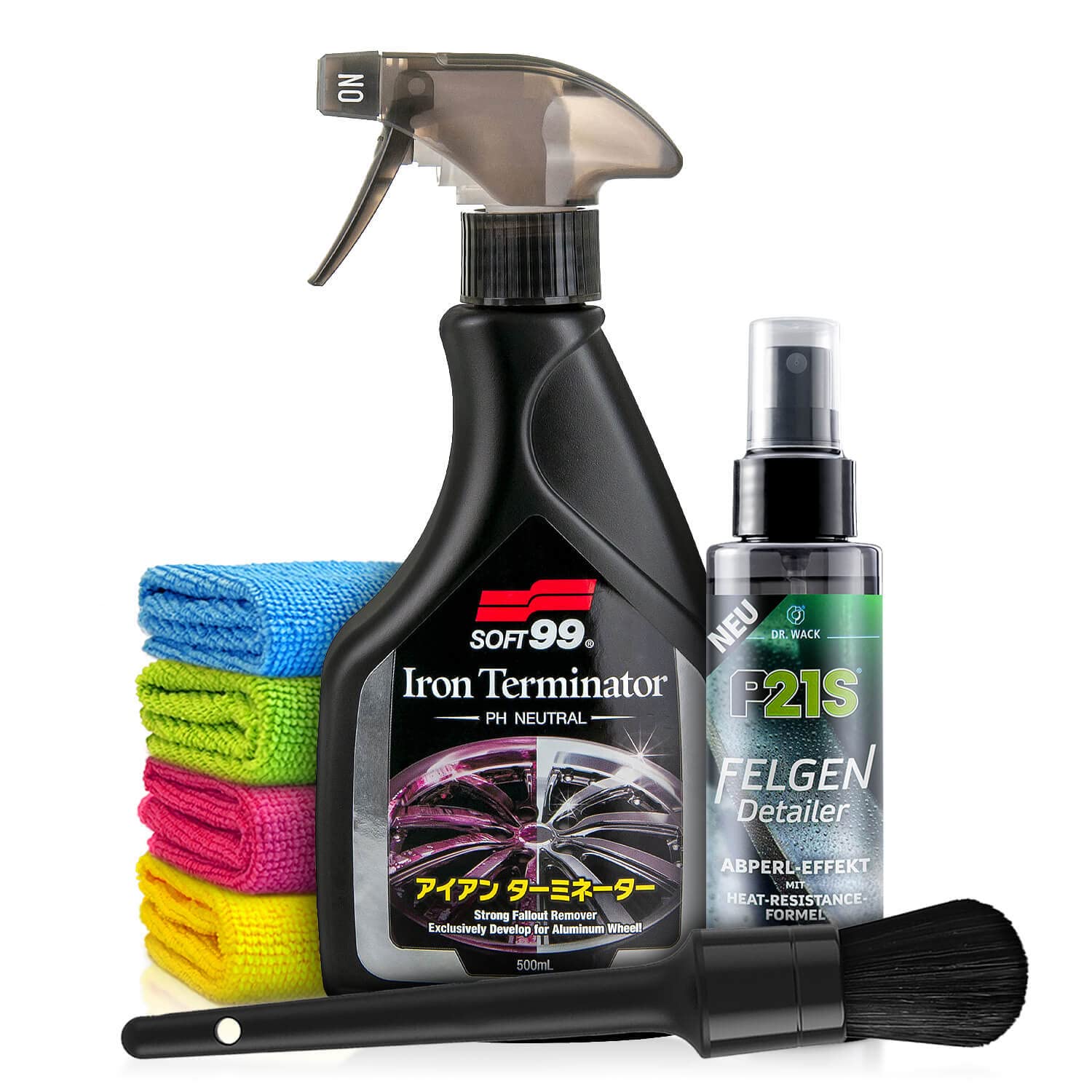 Felgenpflege Set: Soft99 Iron Terminator Felgenreiniger pH-Neutral (500ml) - Entfernt schonend Verschmutzungen auf allen Felgen - Alufelgen, Stahlfelgen, Flugrostentferner, Pinsel | 7-teilig von Shiny Freaks