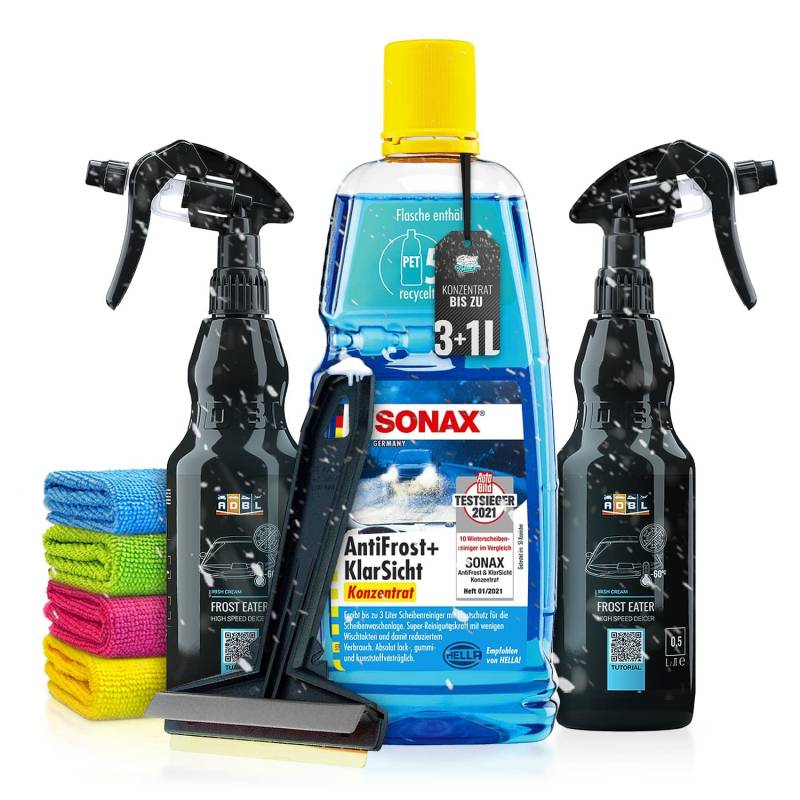 Frostschutz Auto Set: Sonax Antifrost + Klarsicht Konzentrat (1L) + 2x ADBL Enteiserspray + Murska Eiskratzer - Für klare Sicht im Winter - Scheibenfrostschutz, Frostschutzmittel | 8-tlg von Shiny Freaks