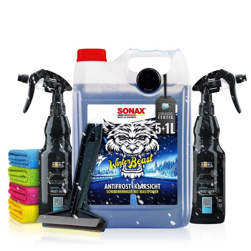 Frostschutz Auto Set: Sonax Antifrost + Klarsicht Winterbeast (5L) + 2x ADBL Enteiserspray + Murska Eiskratzer - Für klare Sicht im Winter - Scheibenfrostschutz, Frostschutzmittel von Shiny Freaks