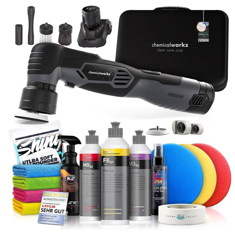 Poliermaschinen Set: chemicalworkz EVO Mini Akku Poliermaschine + Koch Chemie Politur Set + Royal Pads Premium Polierpads + Dr. Wack Lackversiegelung + Zubehör | 14-teilig von Shiny Freaks