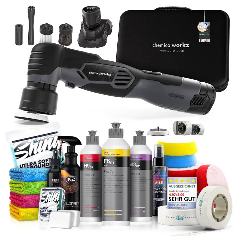 Poliermaschinen Set: chemicalworkz EVO Mini Akku Poliermaschine + Koch Chemie Politur Set + Royal Pads Premium Polierpads + Dr. Wack Versiegelung für Lack + Zubehör | 20-teilig von Shiny Freaks