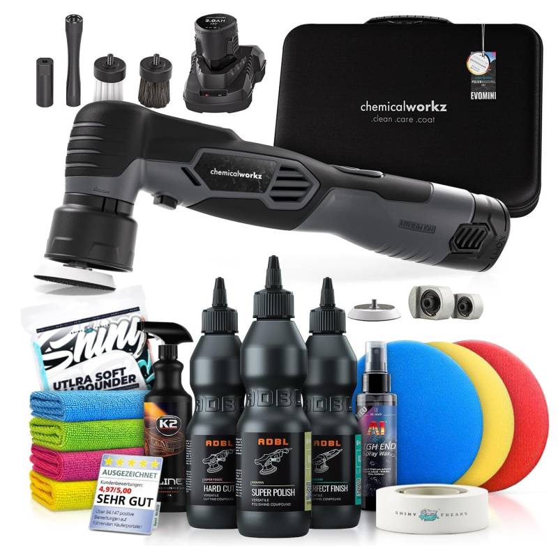 Poliermaschinen Set: chemicalworkz EVO Mini Akku Poliermaschine mit ADBL Politur Set, Premium Polierpads, Lackversiegelung + Zubehör | 14-teilig von Shiny Freaks