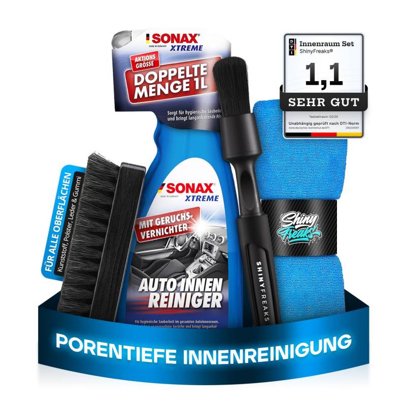 SONAX XTREME (1L) Innenraumreiniger + K2 Bürste + chemicalworkz Pinsel + Shiny Freaks Mikrofasertücher - Auto Innenraum Reiniger, Kunststoff, Polster, Leder, Cockpitpflege, Auto Reinigungsset von Shiny Freaks