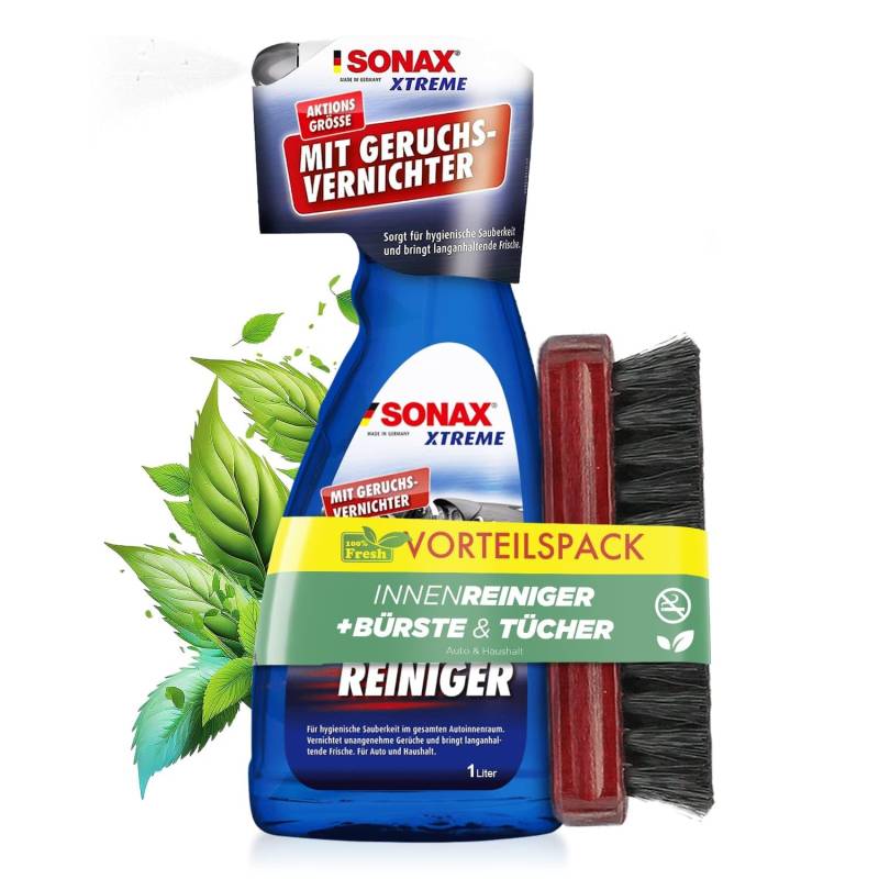 SONAX XTREME (1L) Innenraumreiniger + K2 Bürste - Auto Innenreiniger mit Geruchsvernichter für hygienische Sauberkeit im Auto & Haushalt – Cockpit Reiniger, Cockpitpflege von Shiny Freaks